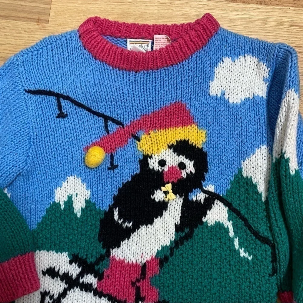 Vintage Hand Knit Ski Penguin Kids Sweater Medium Rainbow Creek Colorful